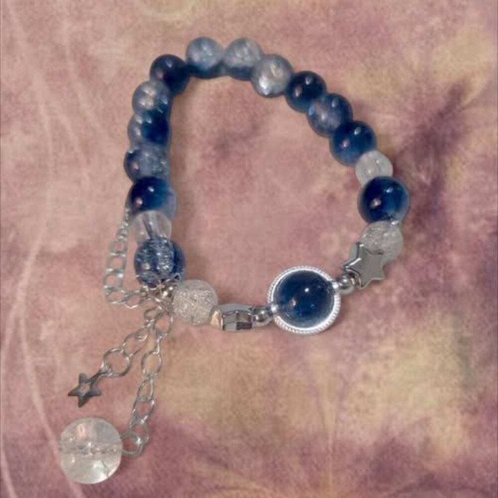 whimsical celestial 90s style silver glass beaded bracelet